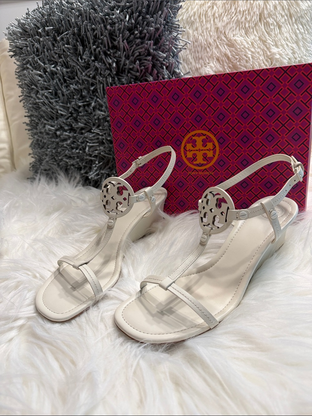 TORY BURCH MILLER WEDGE SANDAL BLEACH LEATHER SIZE 10.5 M